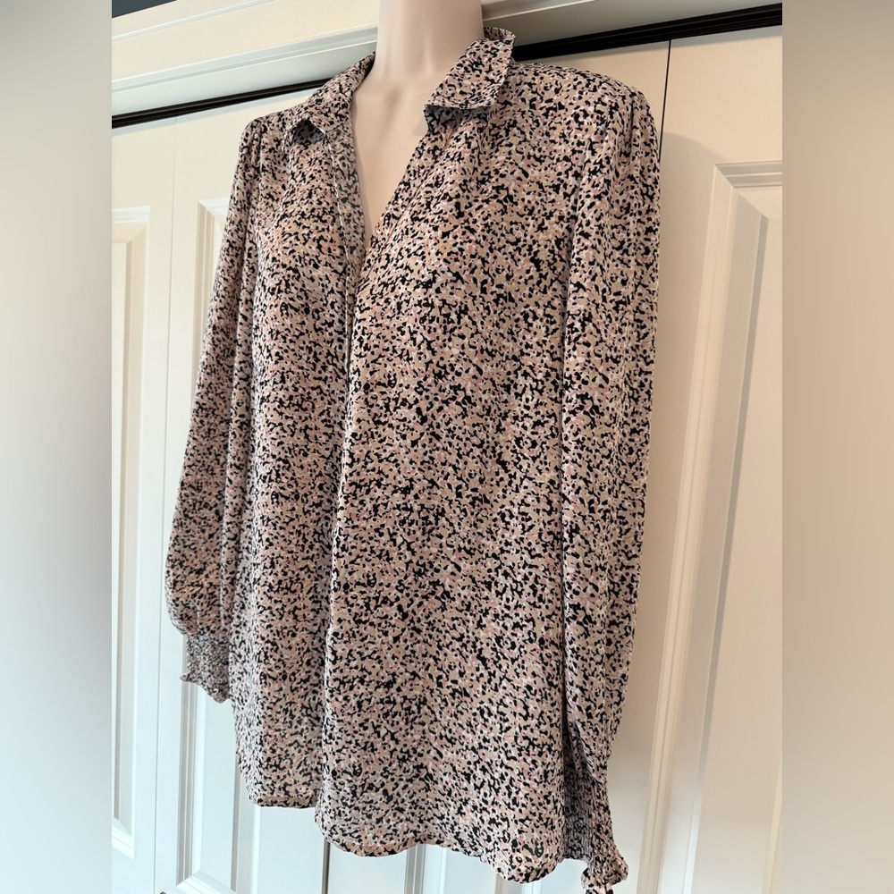 Ophelia Roe pink black blouse top smocked large L